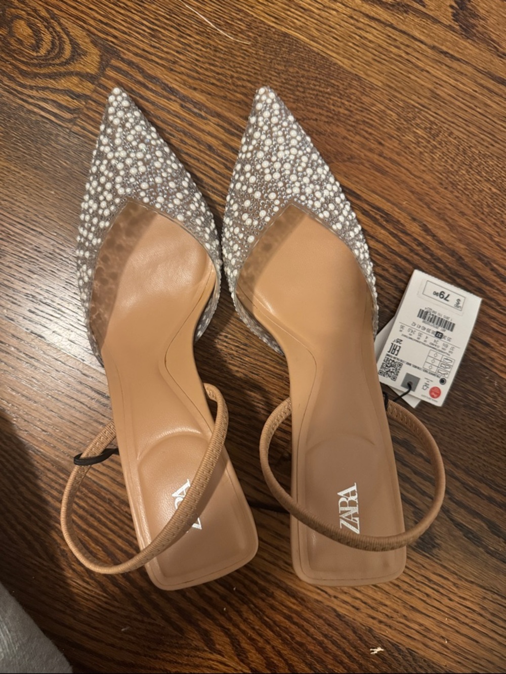 Zara Silver Pearl-Embellished Pointed-Toe Slingbacks